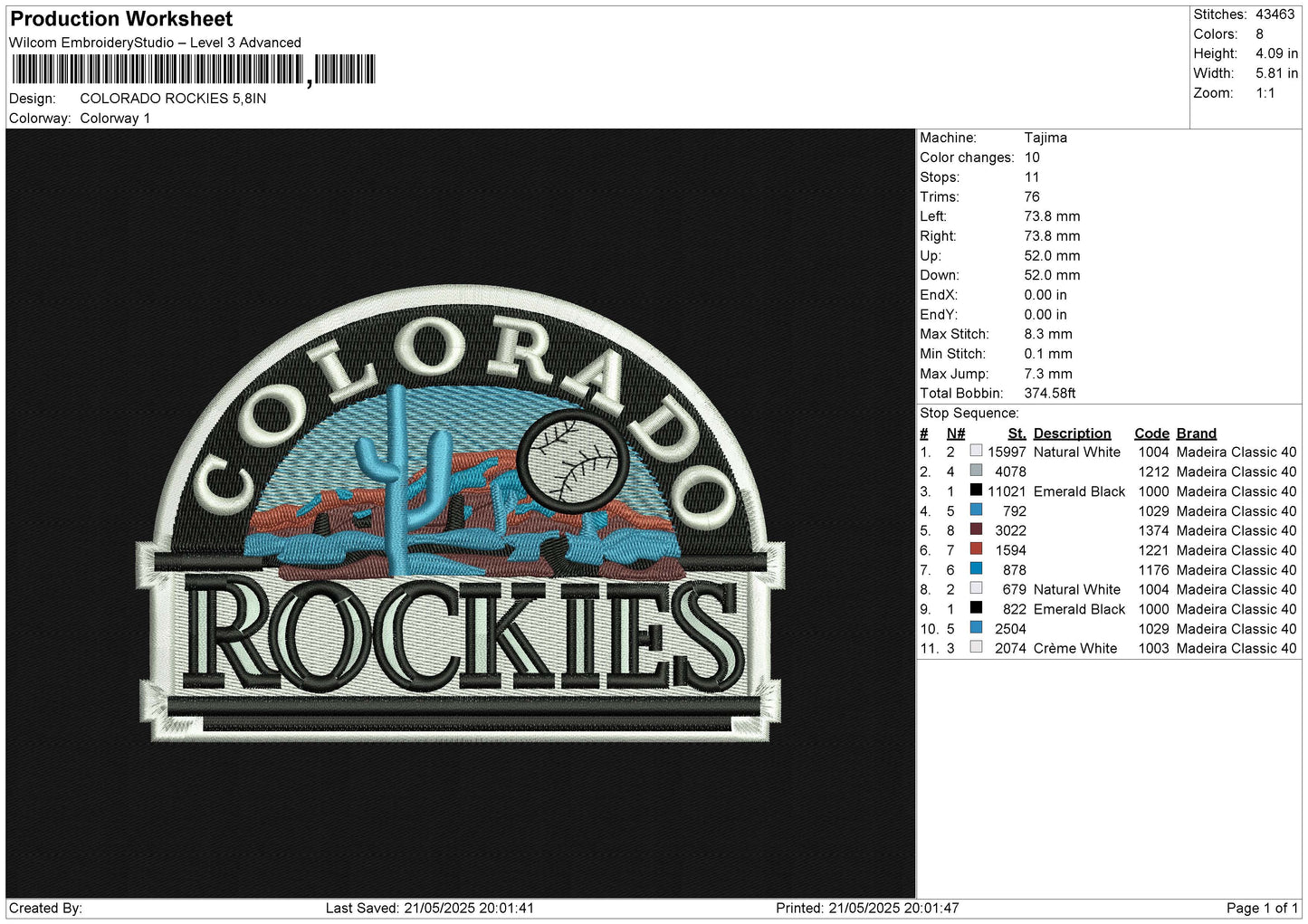 COLORADO ROCKIES Embroidery File 6 size