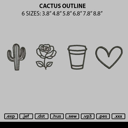 Cactus Outline Embroidery File 6 sizes