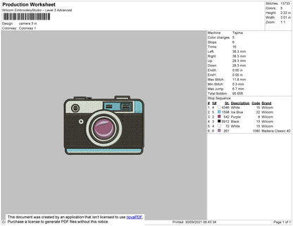 Camera Embroidery Design  File 4 size