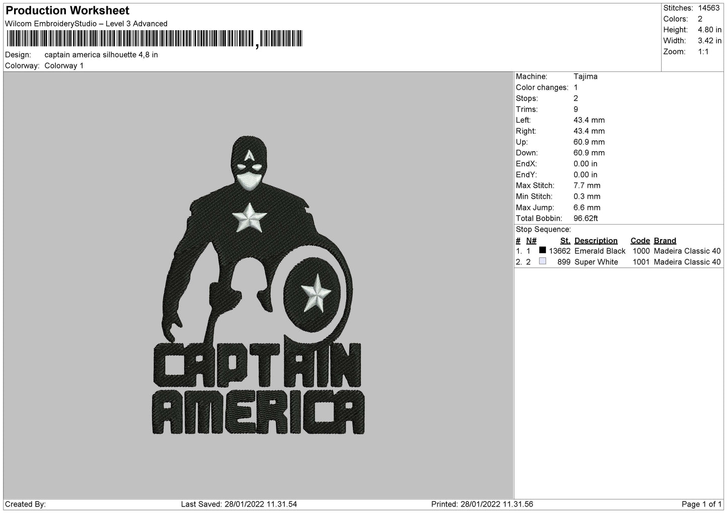 Captain America Silhouette Embroidery File 4 size