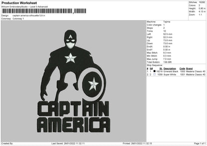 Captain America Silhouette Embroidery File 4 size
