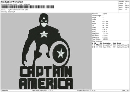 Captain America Silhouette Embroidery File 4 size