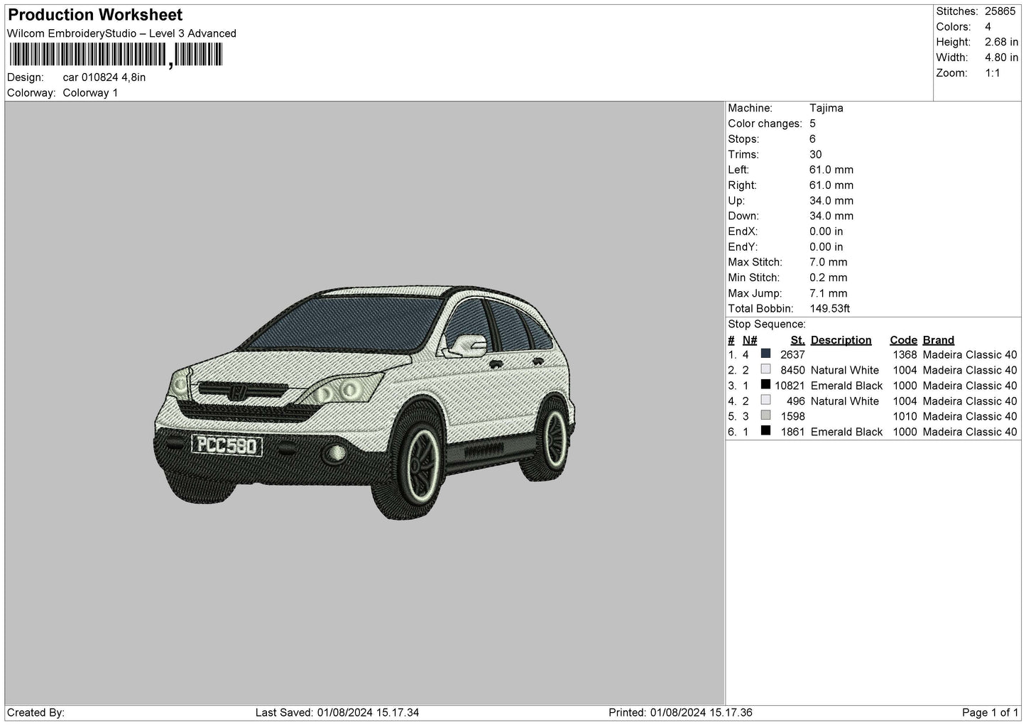 Car 0108 Embroidery File 6 sizes