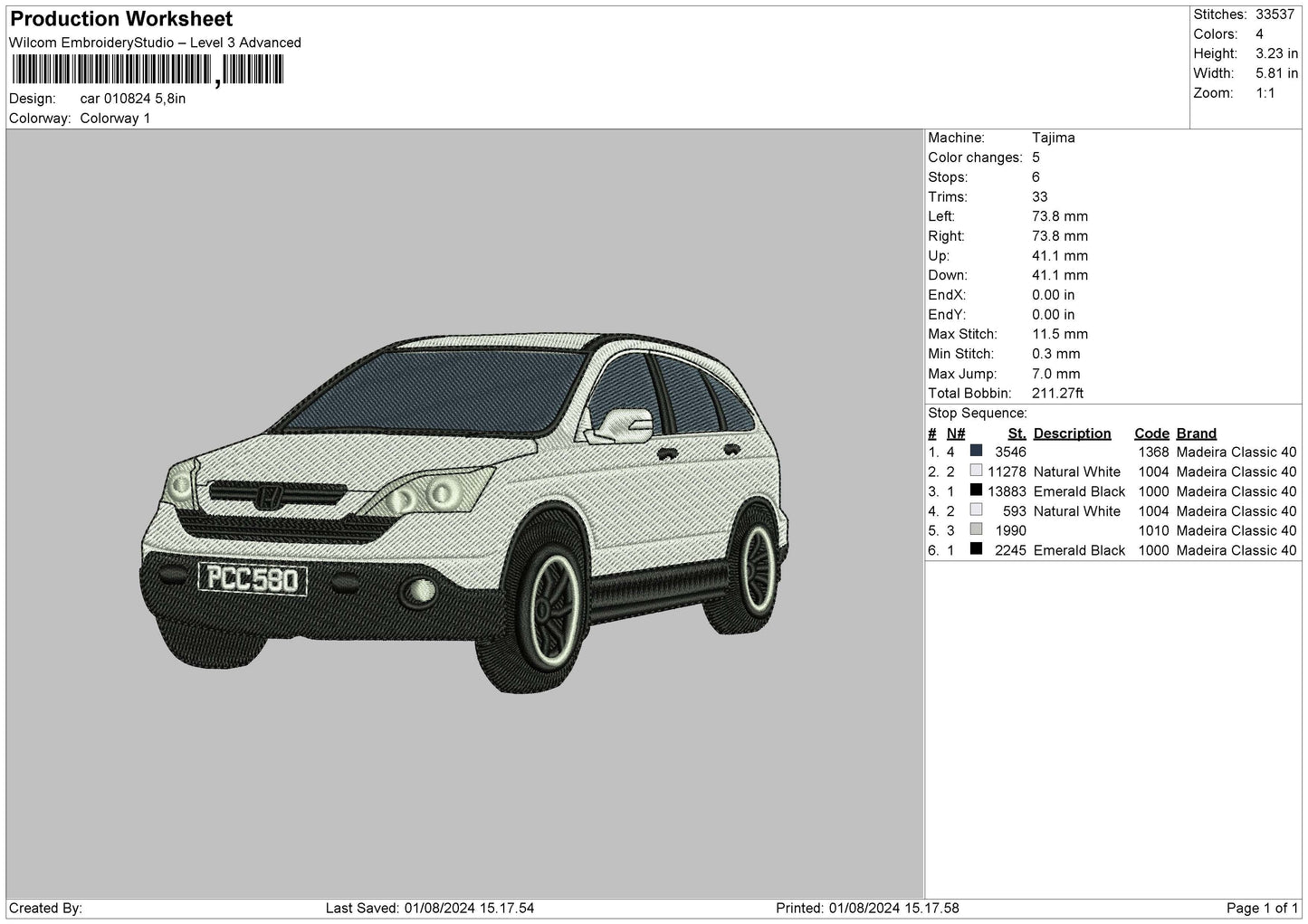 Car 0108 Embroidery File 6 sizes