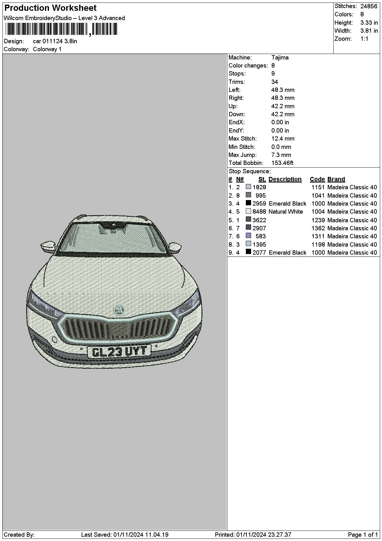 Car White 0124 Embroidery File 6 sizes