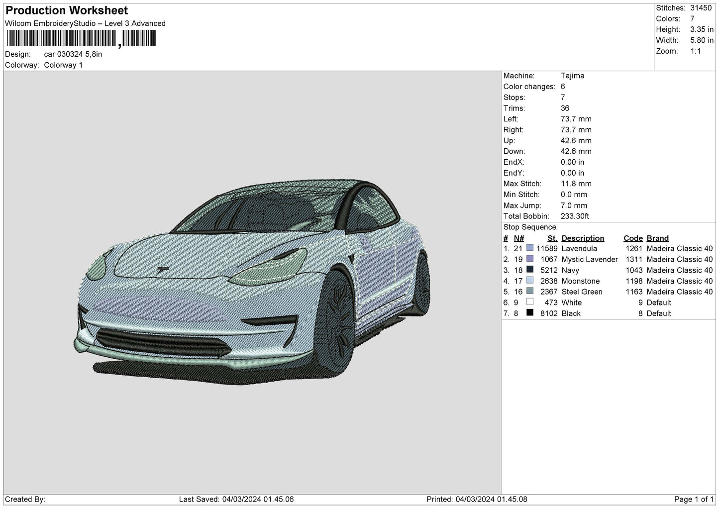 Car 0324 Embroidery Machinne Design File 6 sizes