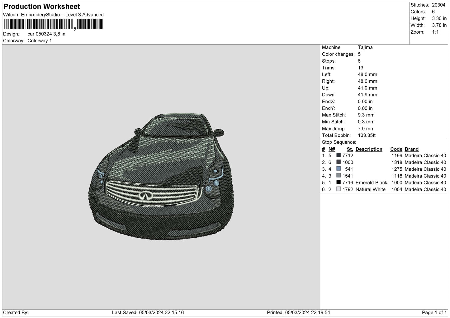Car 0503 Embroidery Machine Design File 6 sizes