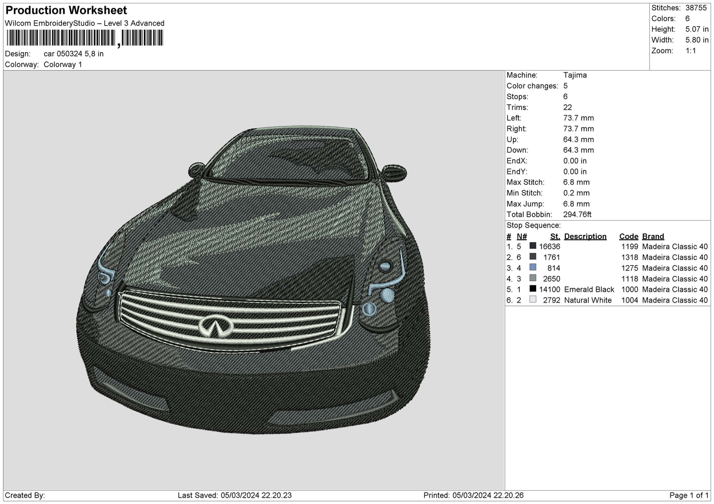 Car 0503 Embroidery Machine Design File 6 sizes