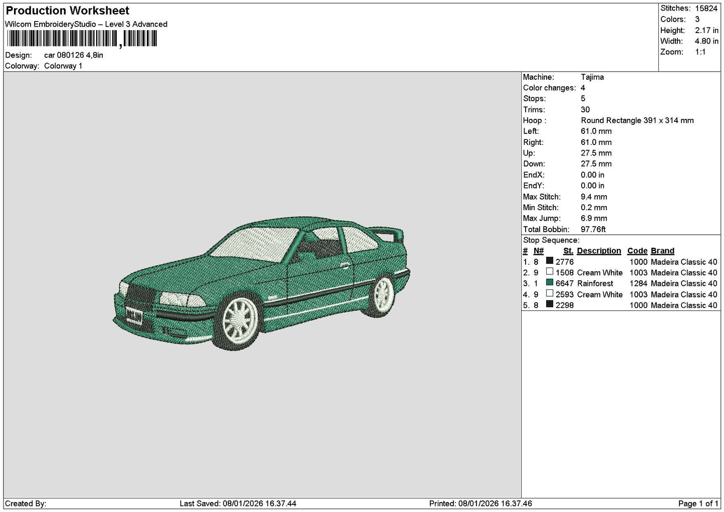 Green Car 0801 Embroidery File 6 sizes