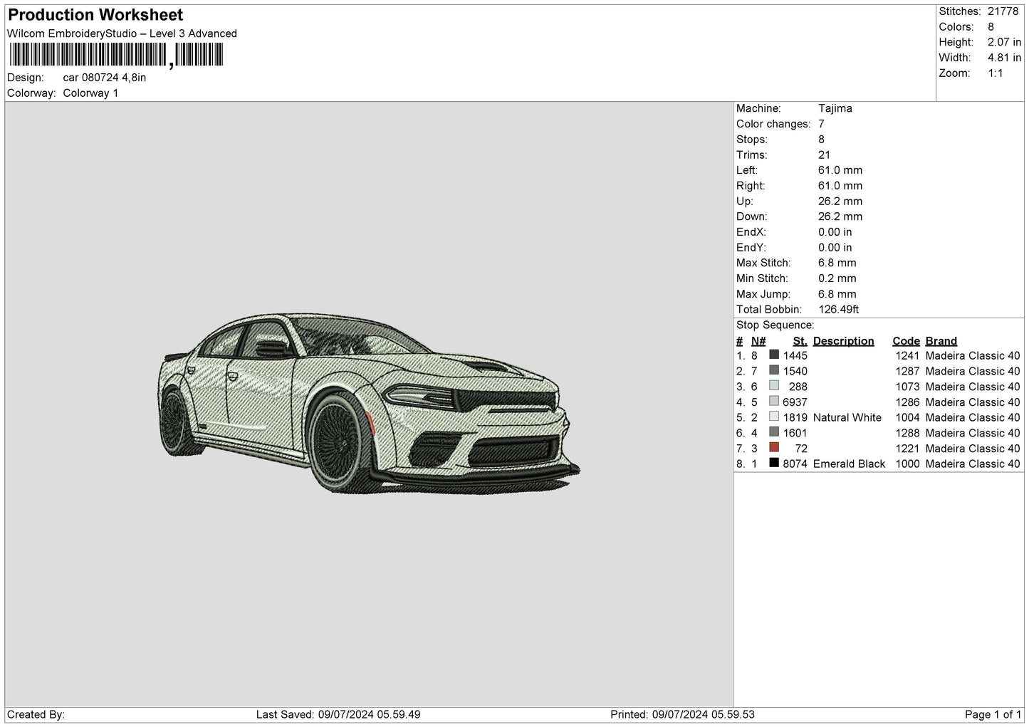 Car 0807 Embroidery File 6 sizes