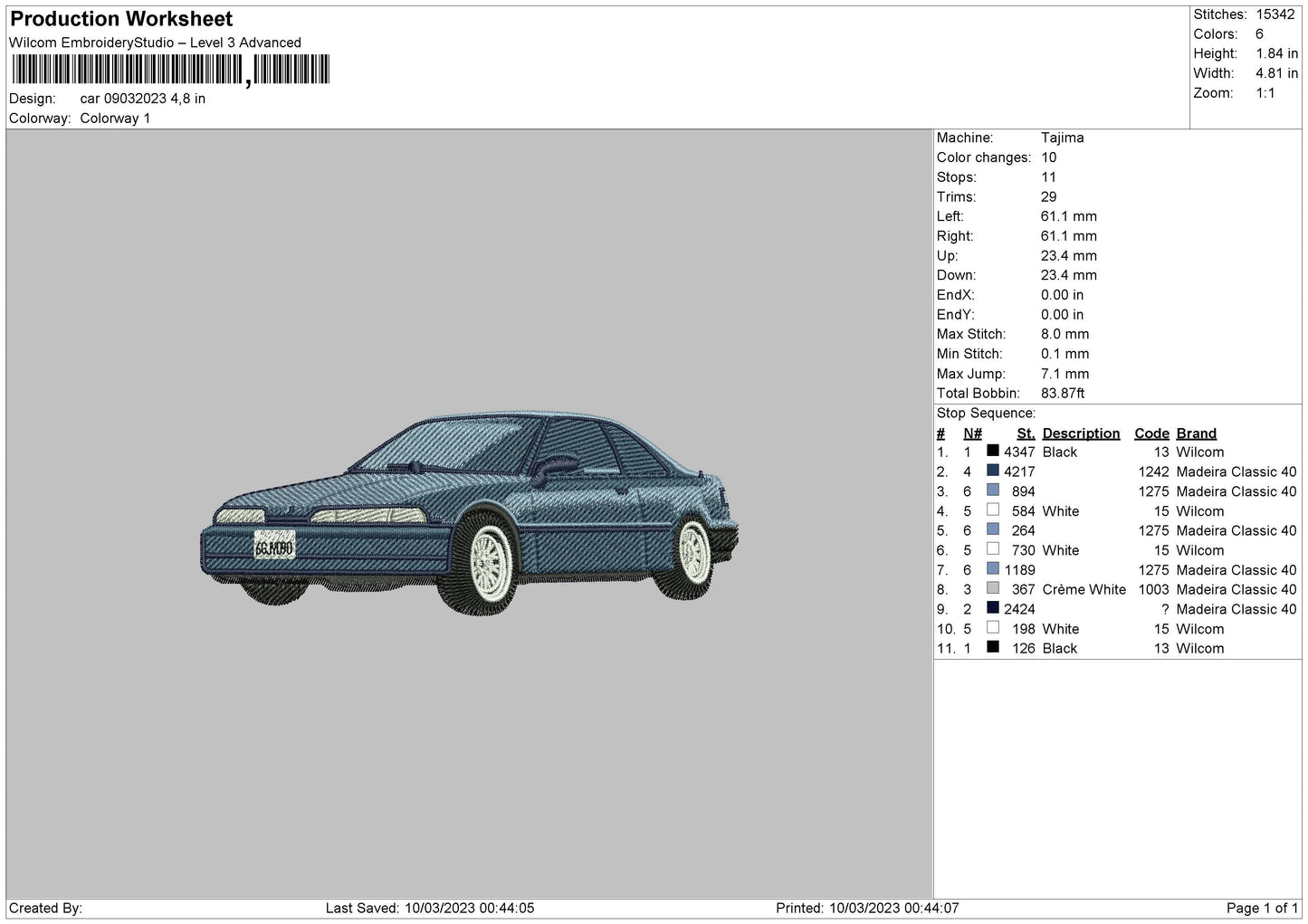 Car 0903a Embroidery File 6 sizes