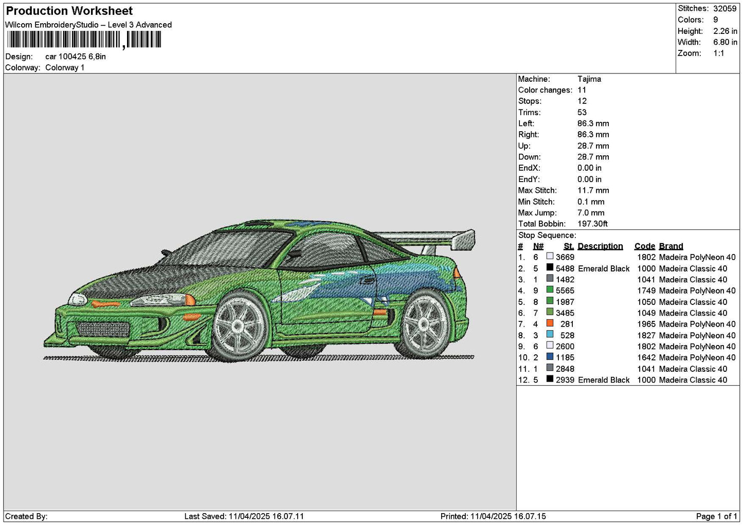 Green Car 1004 Embroidery File 6 sizes