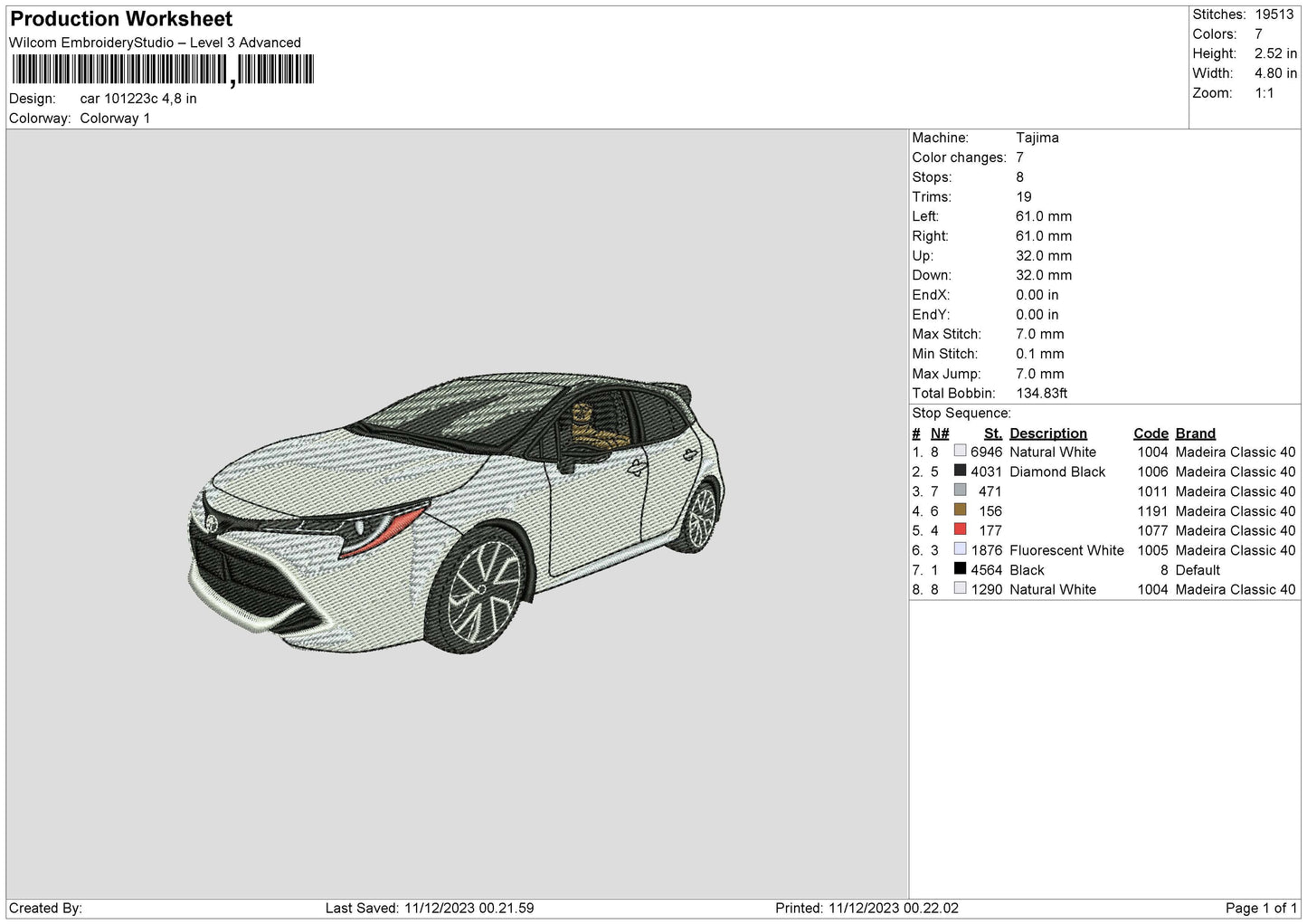 Car 1012c Embroidery Machine Design File 6 sizes