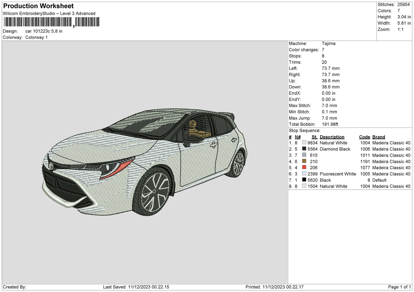 Car 1012c Embroidery Machine Design File 6 sizes