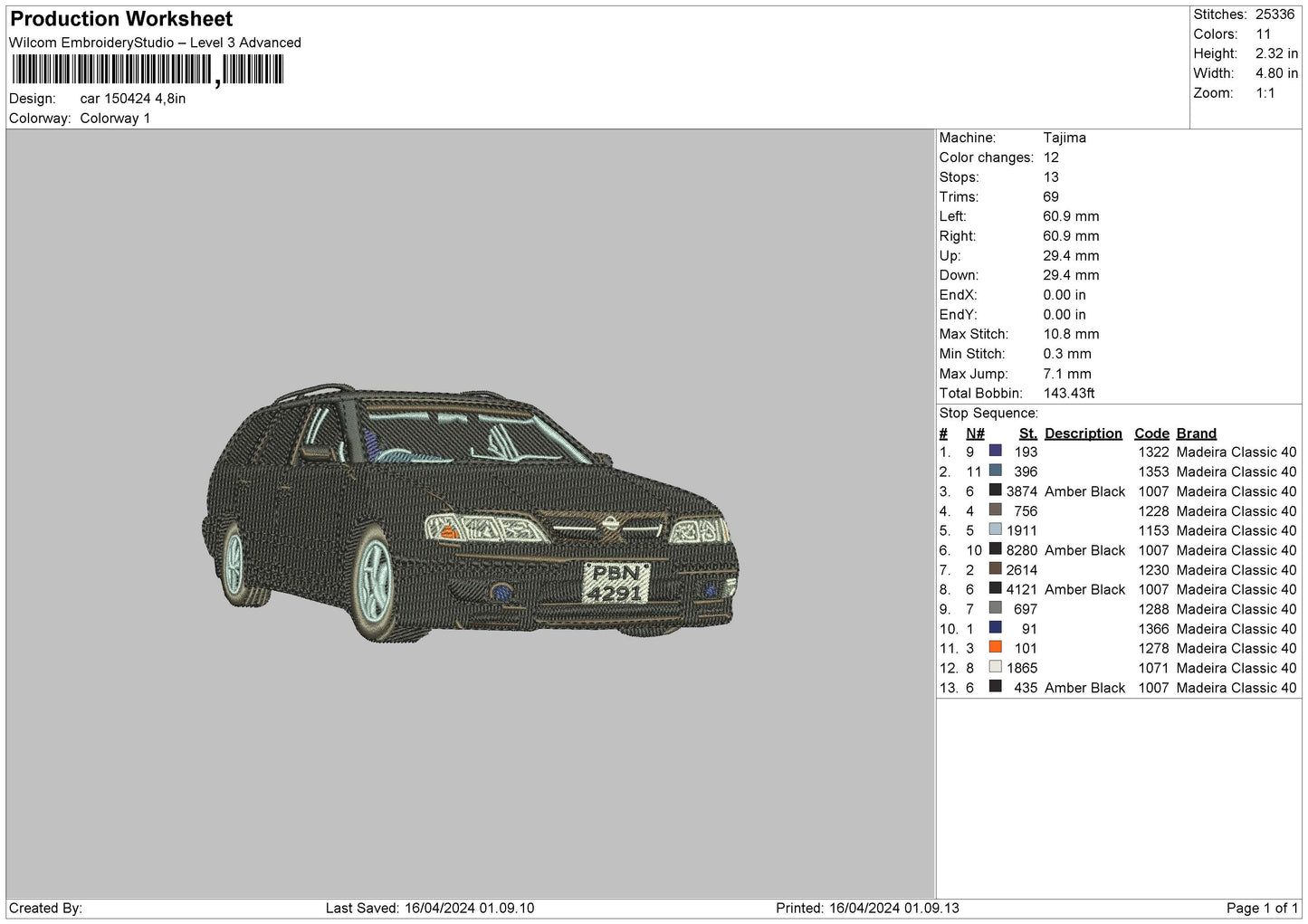 Car 1504 Embroidery File 6 sizes