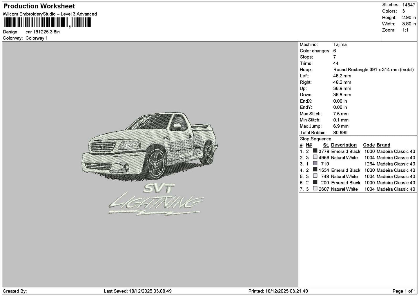 White Car 1812 Embroidery File 6 sizes