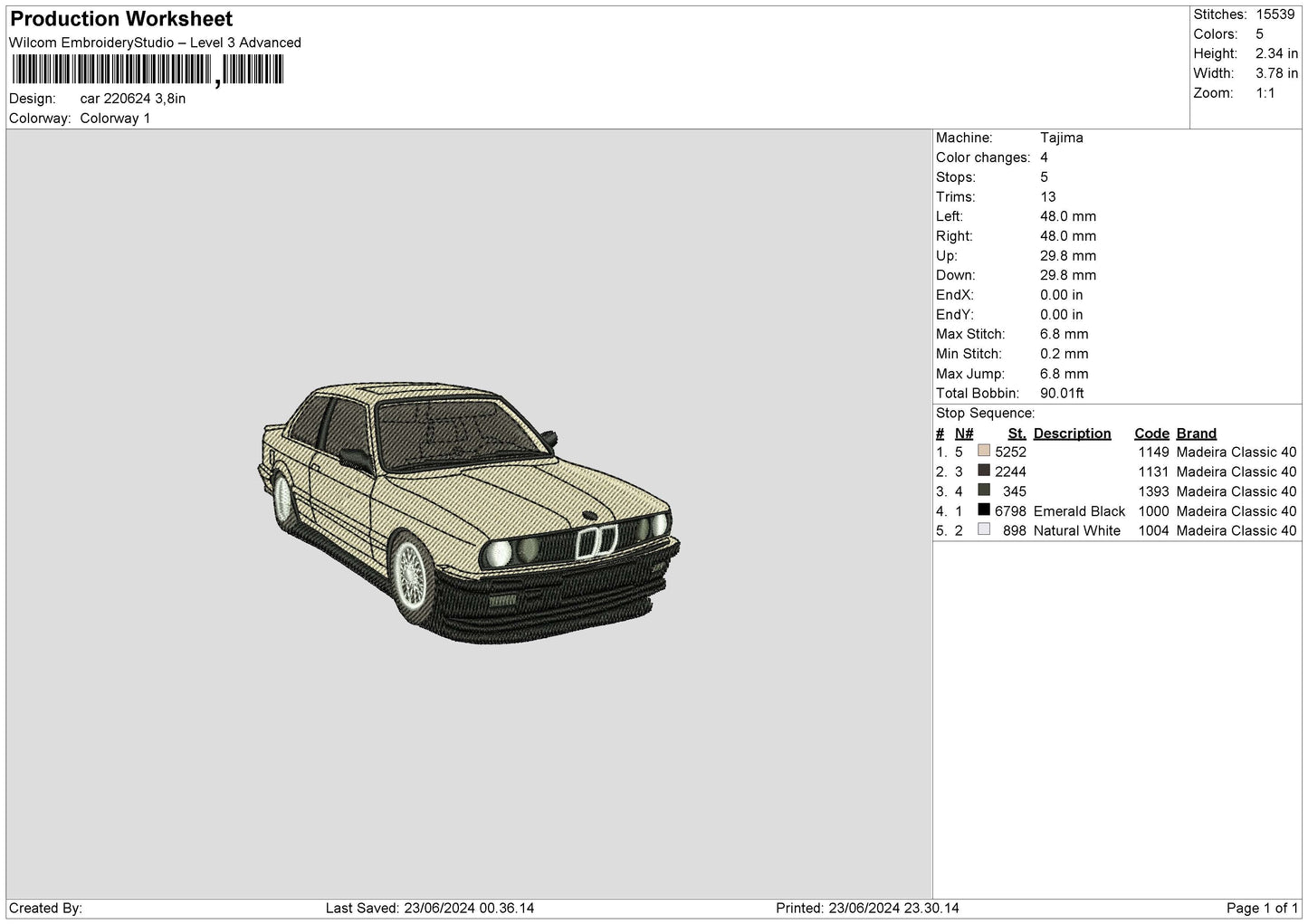 Car 2206 Embroidery File 6 sizes