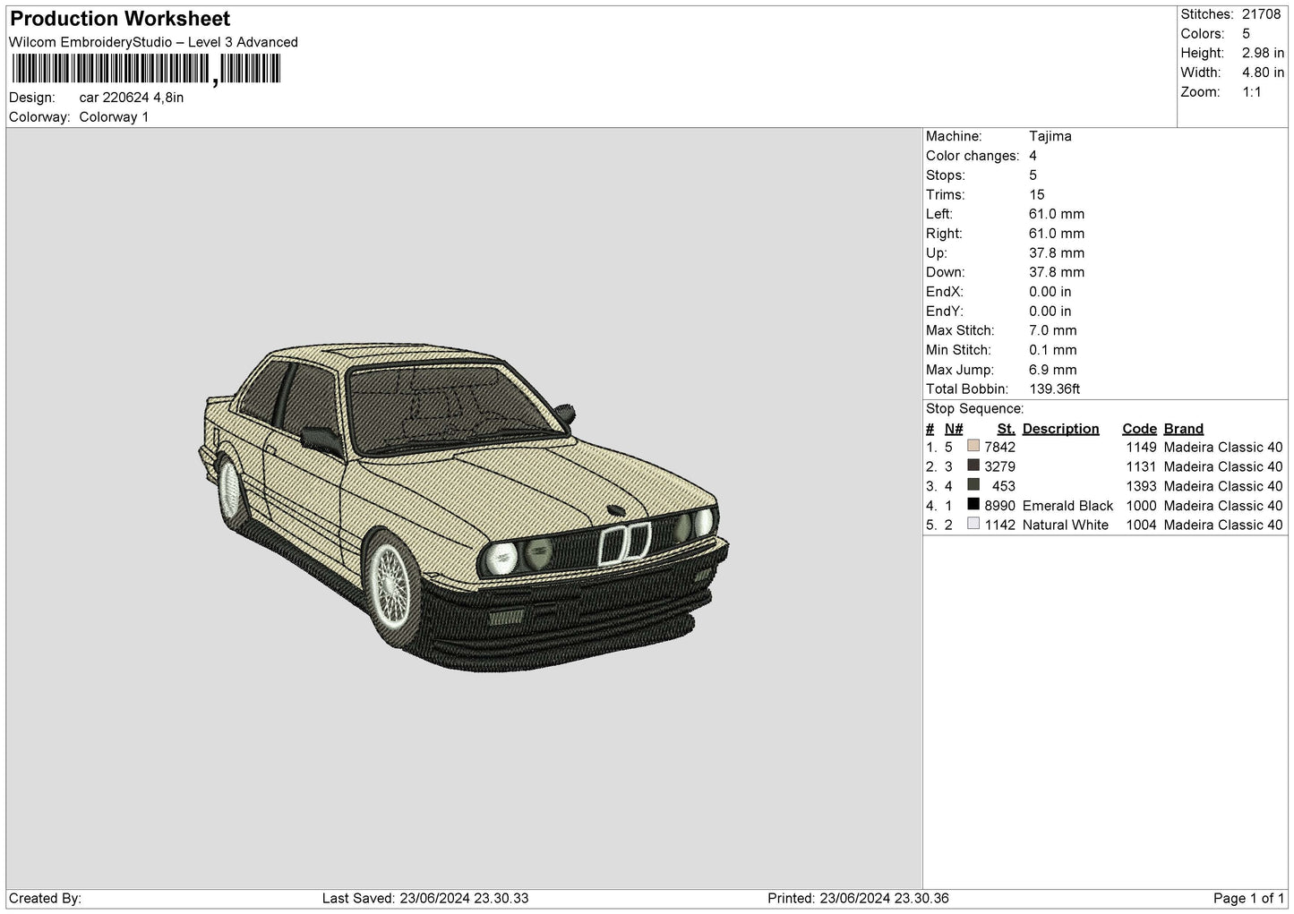 Car 2206 Embroidery File 6 sizes