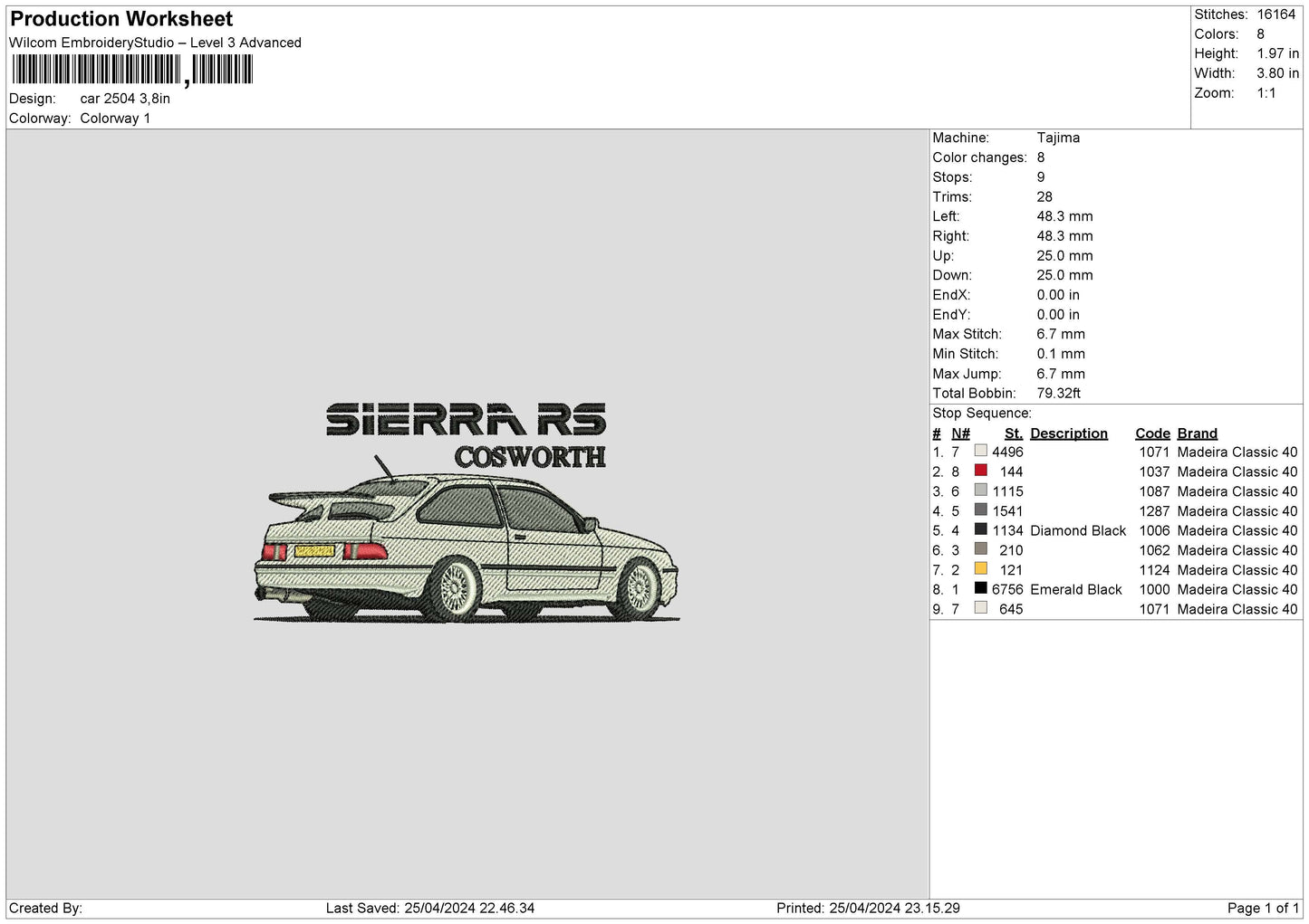 Car 2504 Embroidery File 6 sizes