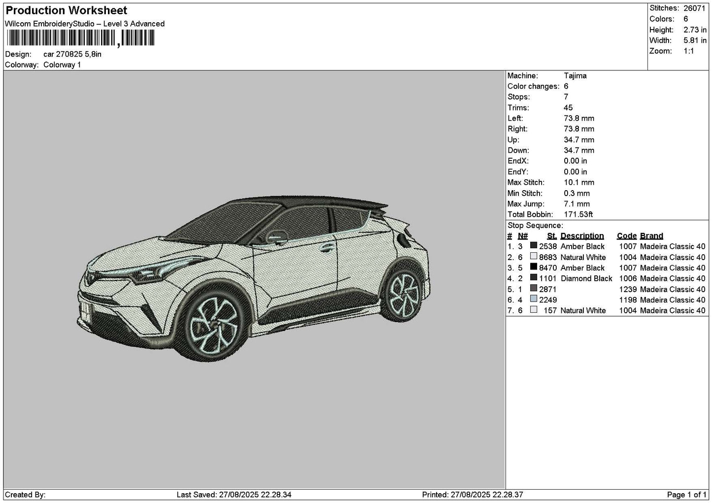 White Car 2708 Embroidery File 6 sizes