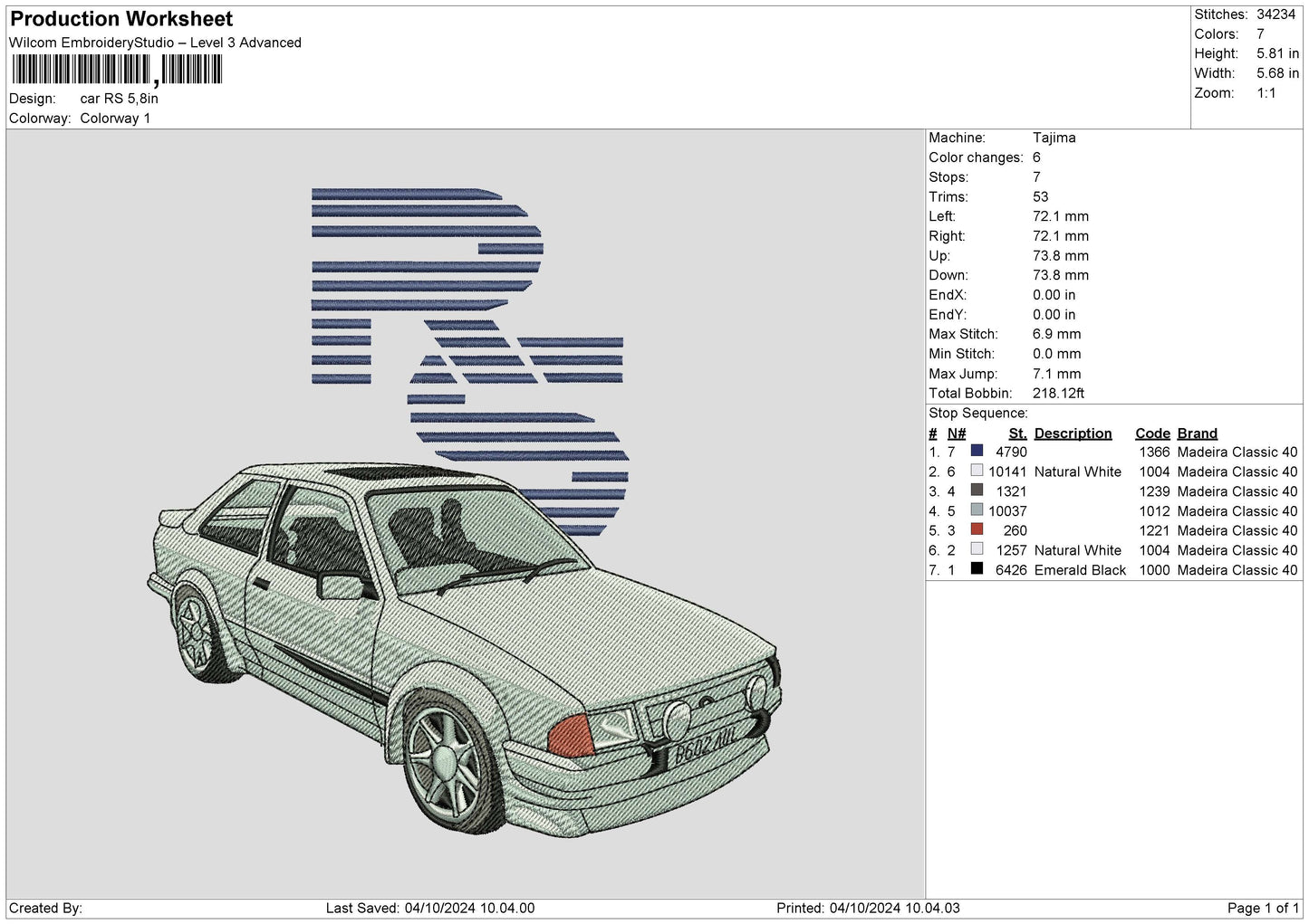 Car 0310 Embroidery File 6 sizes