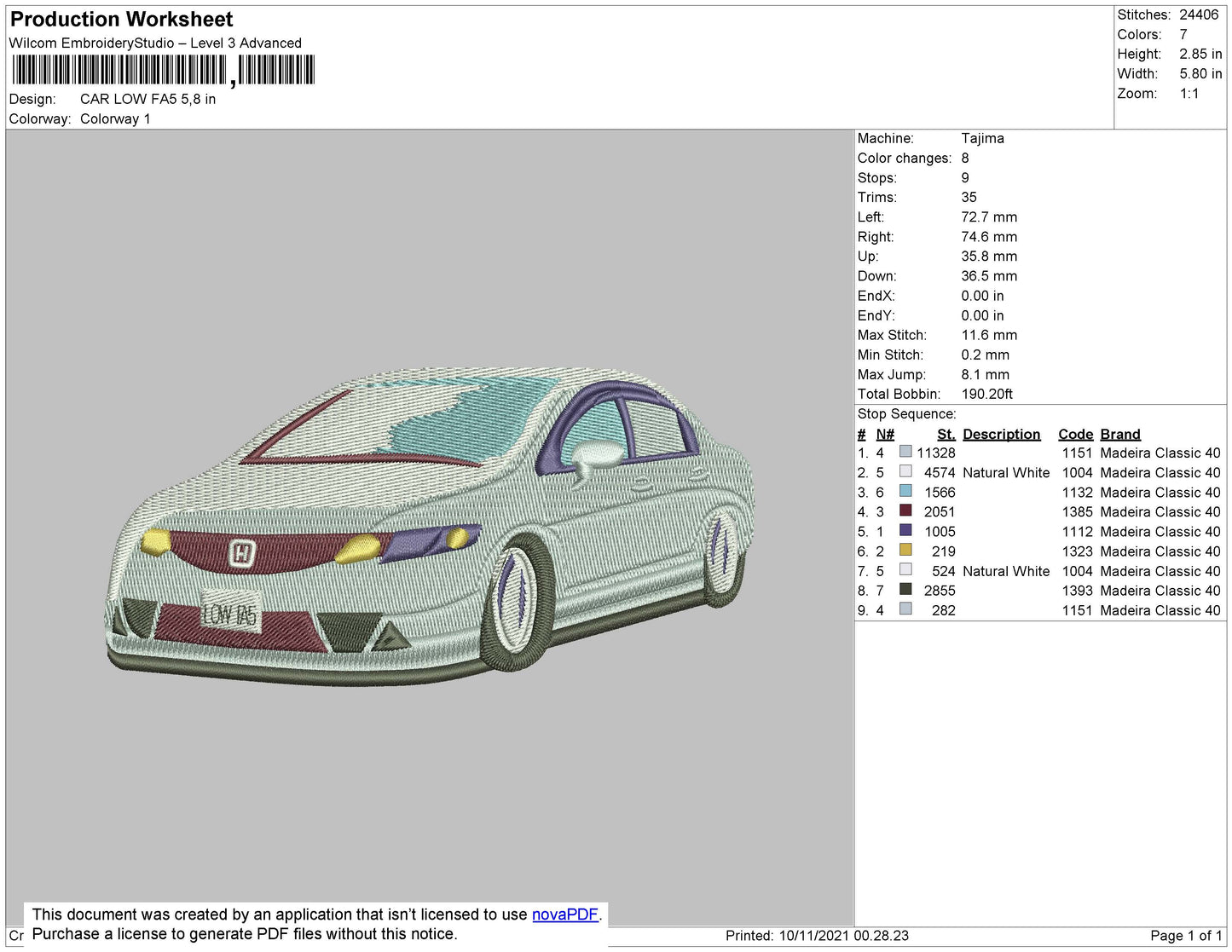 Car Low FA5 Embroidery File 4 size