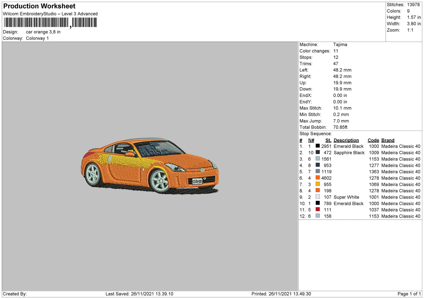 Car Orange Embroidery File 4 size