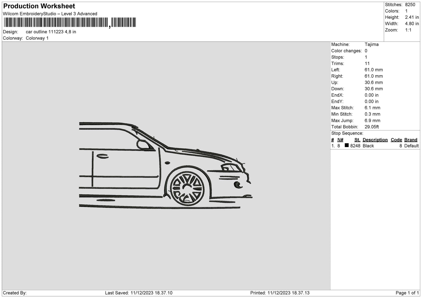 Car Outline 1123 Embroidery File 6 sizes