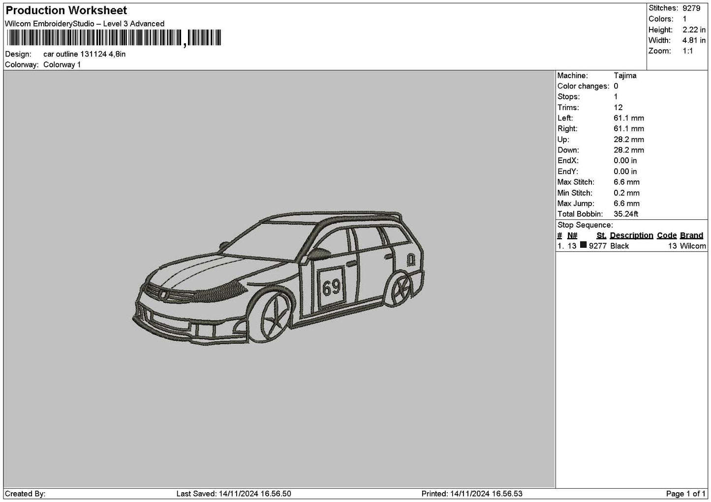 Car Outline 1311 Embroidery File 6 sizes