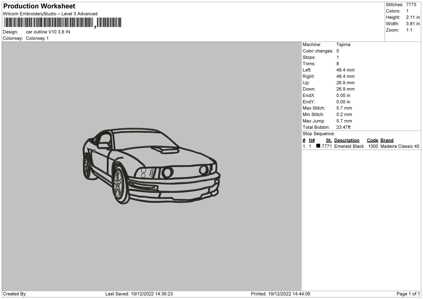 Car Outline V10 Embroidery File 6 sizes