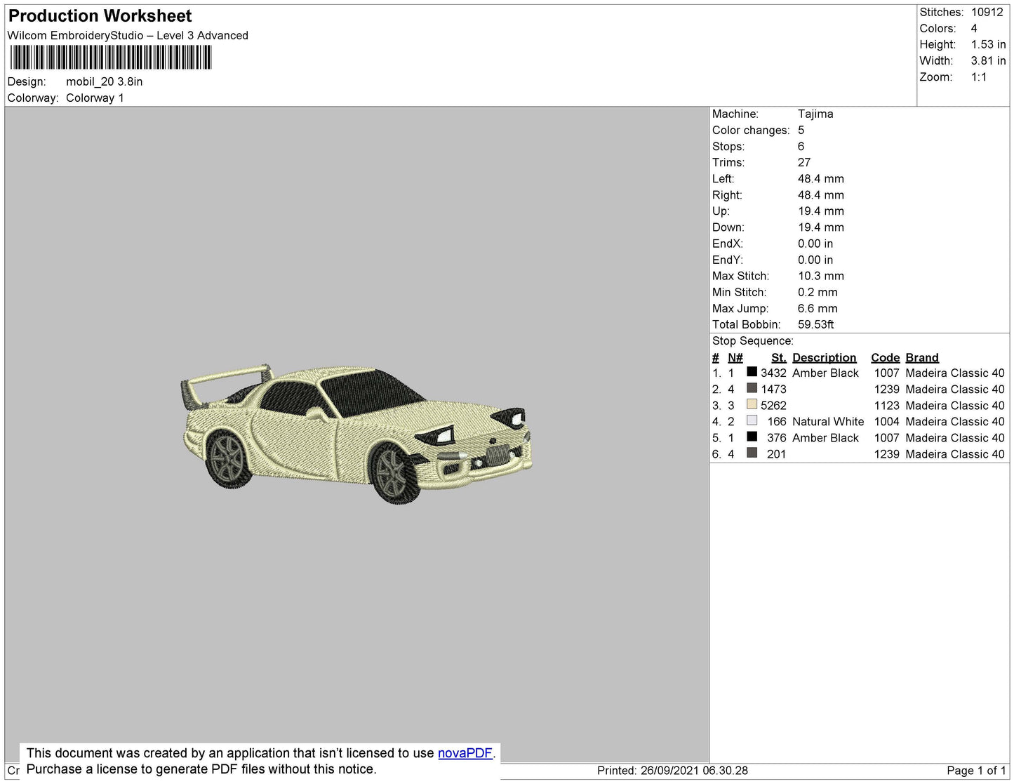 Car V20 Embroidery File 4 size