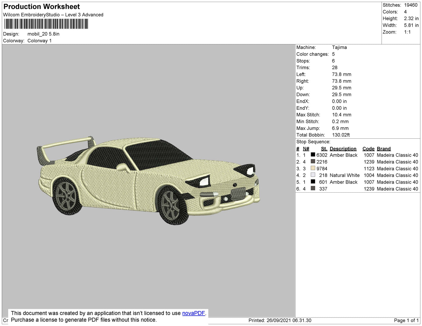 Car V20 Embroidery File 4 size