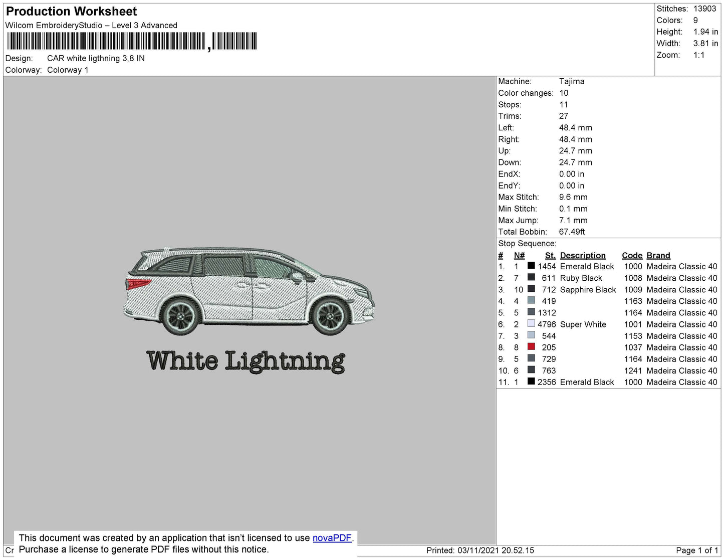 Car White Lightning Embroidery File 4 size