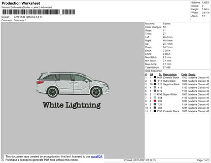 Car White Lightning Embroidery File 4 size