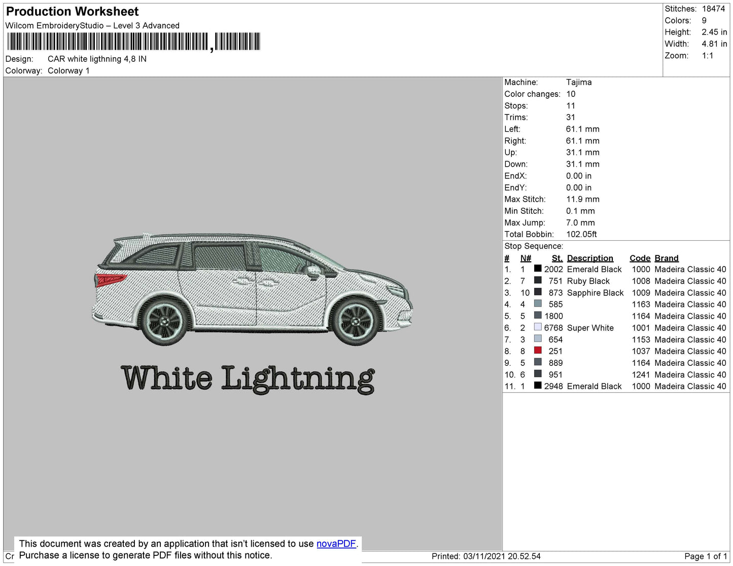 Car White Lightning Embroidery File 4 size