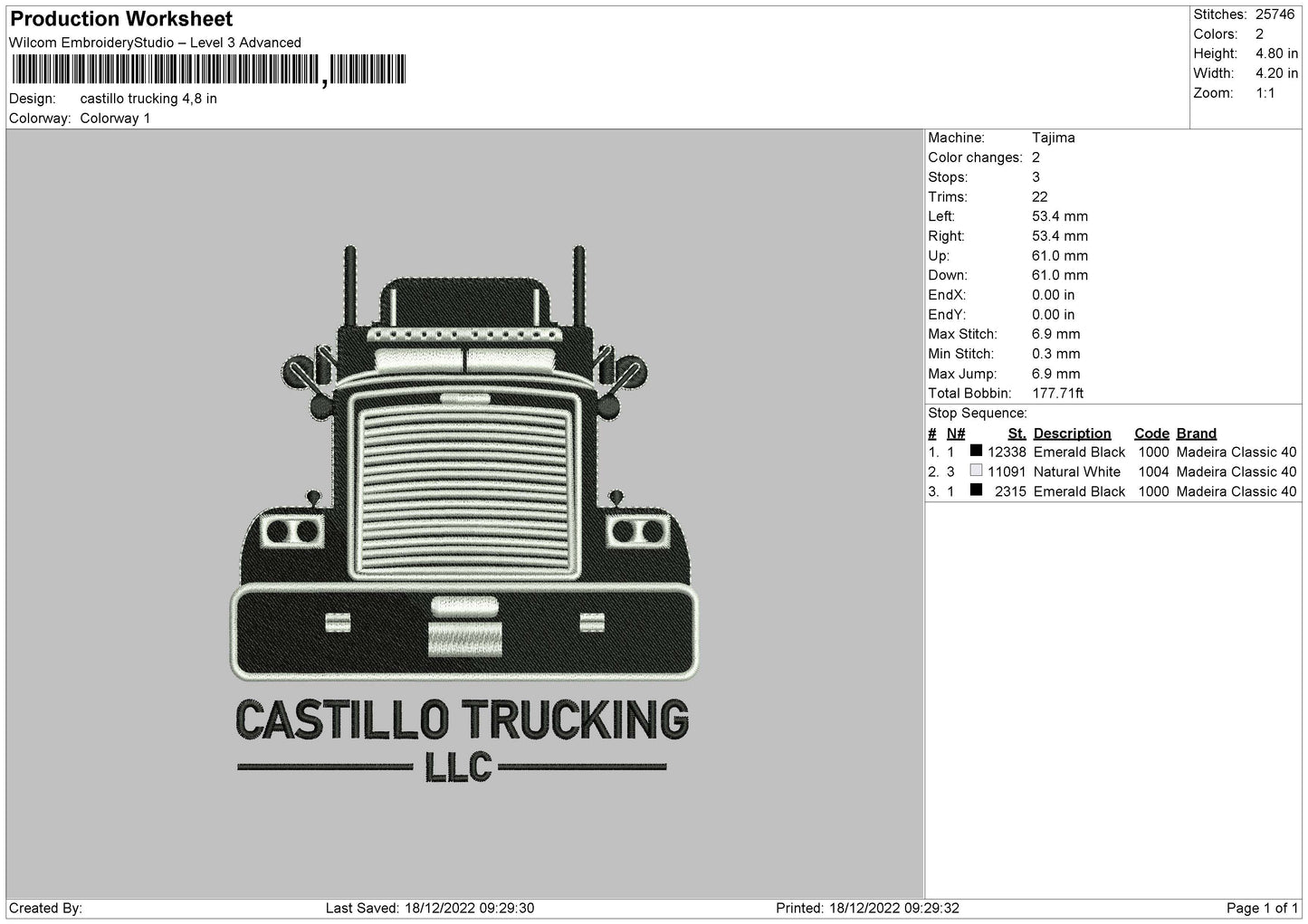 Castillo Trucking Embroidery File 6 sizes