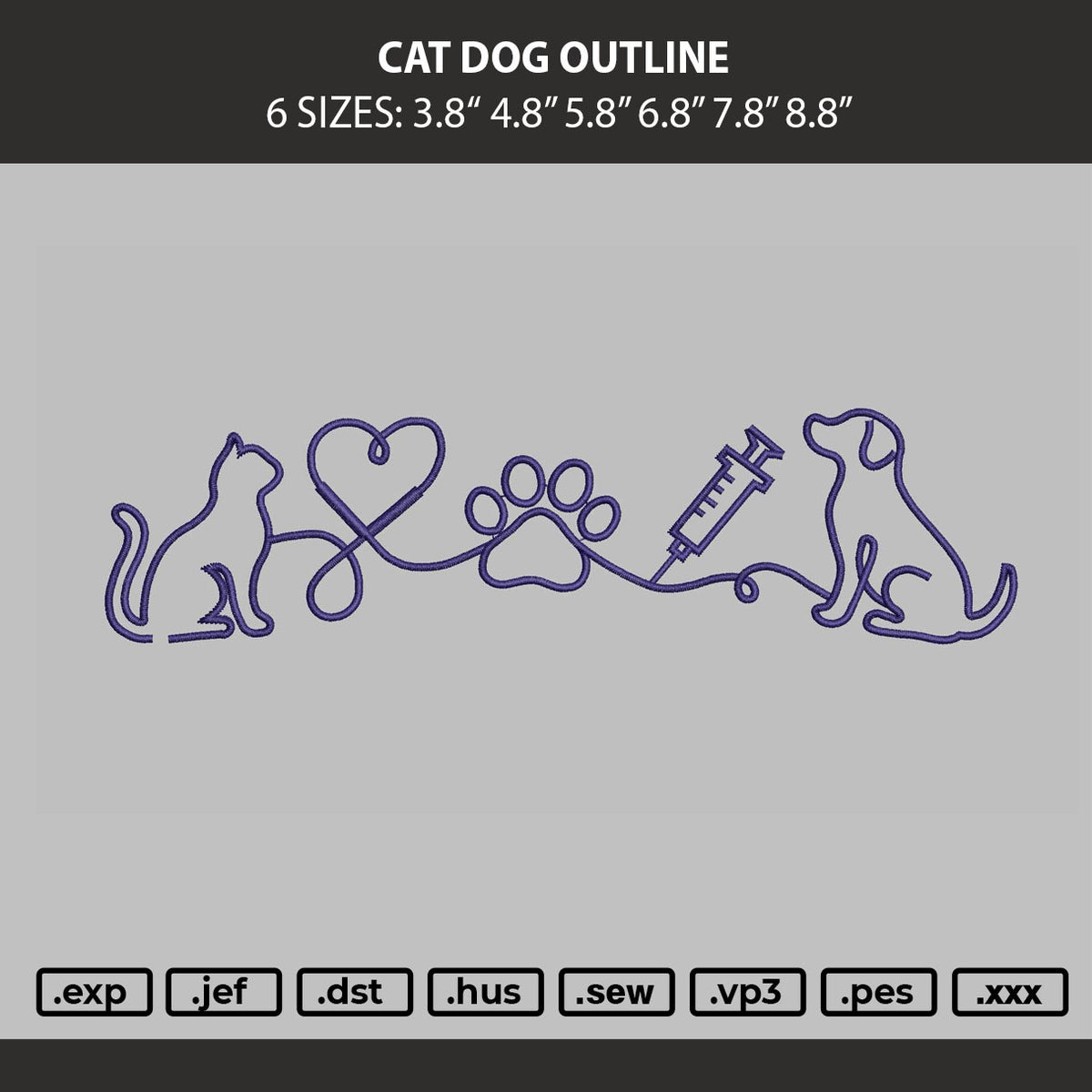 Cat Dog Line Embroidery Machine Design File 6 sizes