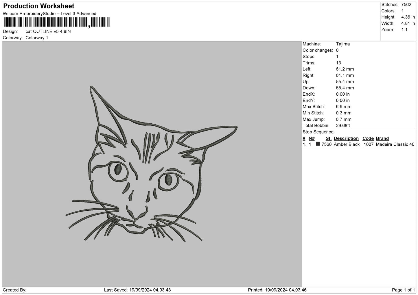 Cat Ouutline V5 Embroidery File 6 sizes