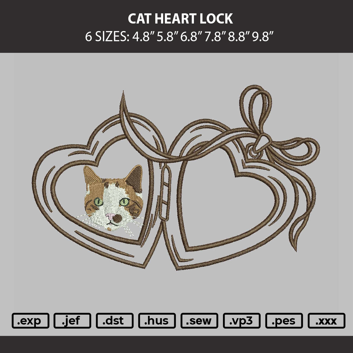 Cat Heart Lock Embroidery Machine Design File 6 sizes