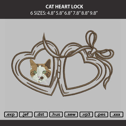 Cat Heart Lock Embroidery Machine Design File 6 sizes