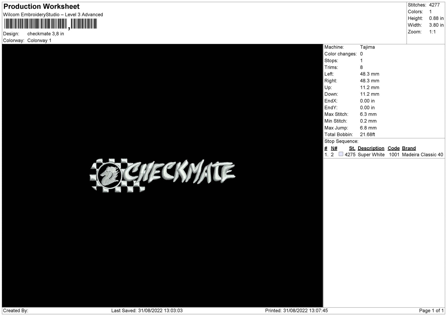 Checkmate Embroidery File 5 sizes