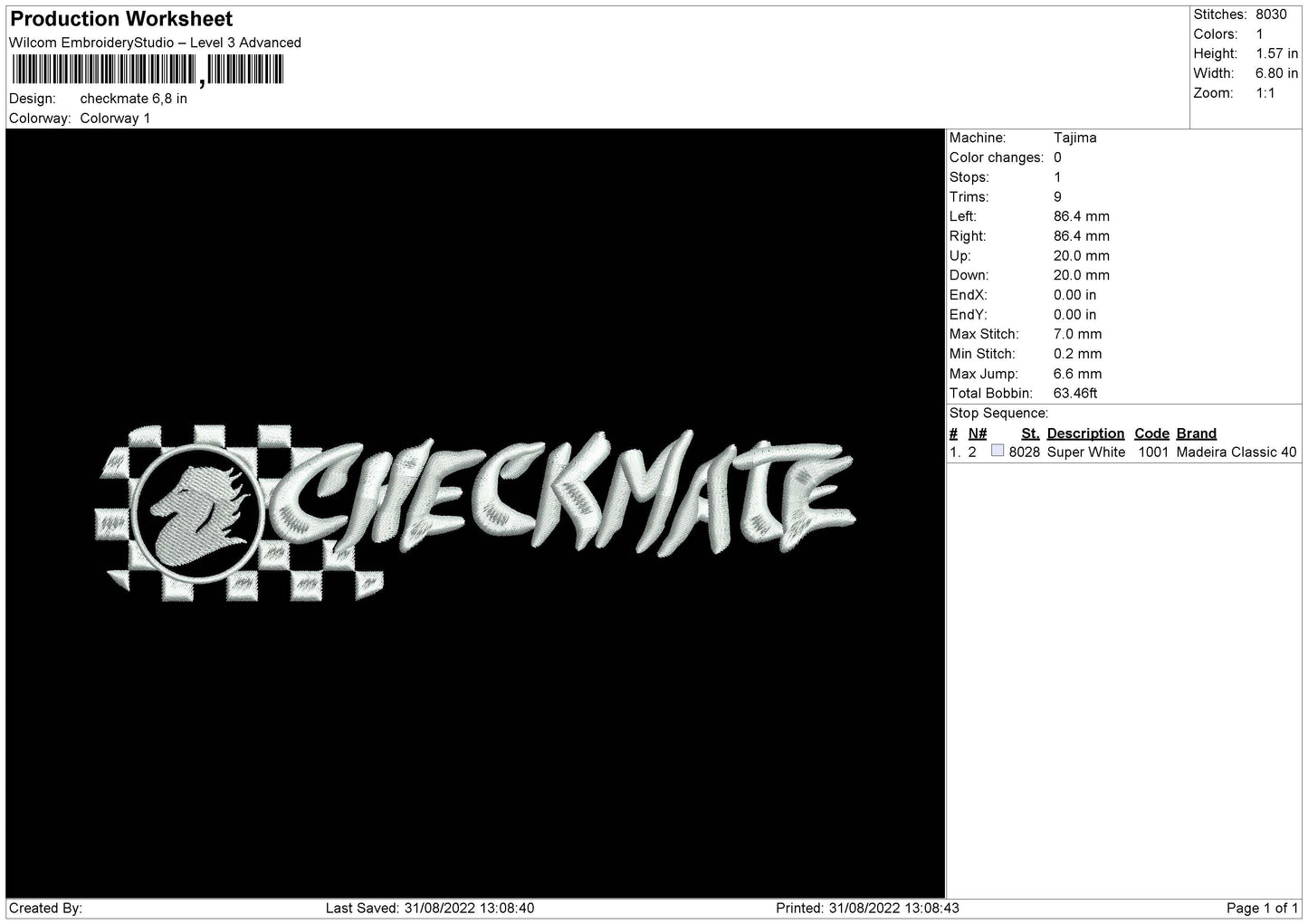 Checkmate Embroidery File 5 sizes