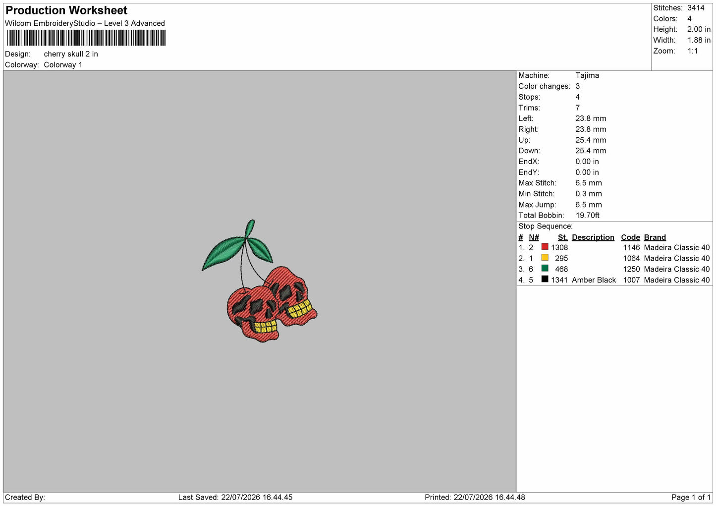 Cherry Skulls Embroidery Machine Design File 6 sizes