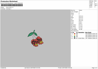 Cherry Skulls Embroidery Machine Design File 6 sizes