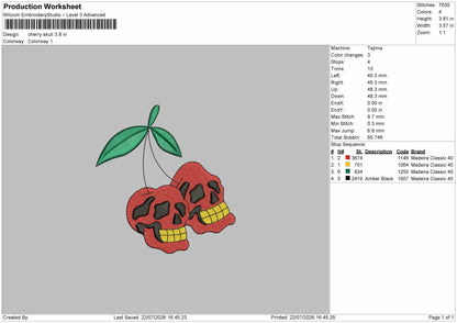 Cherry Skulls Embroidery Machine Design File 6 sizes
