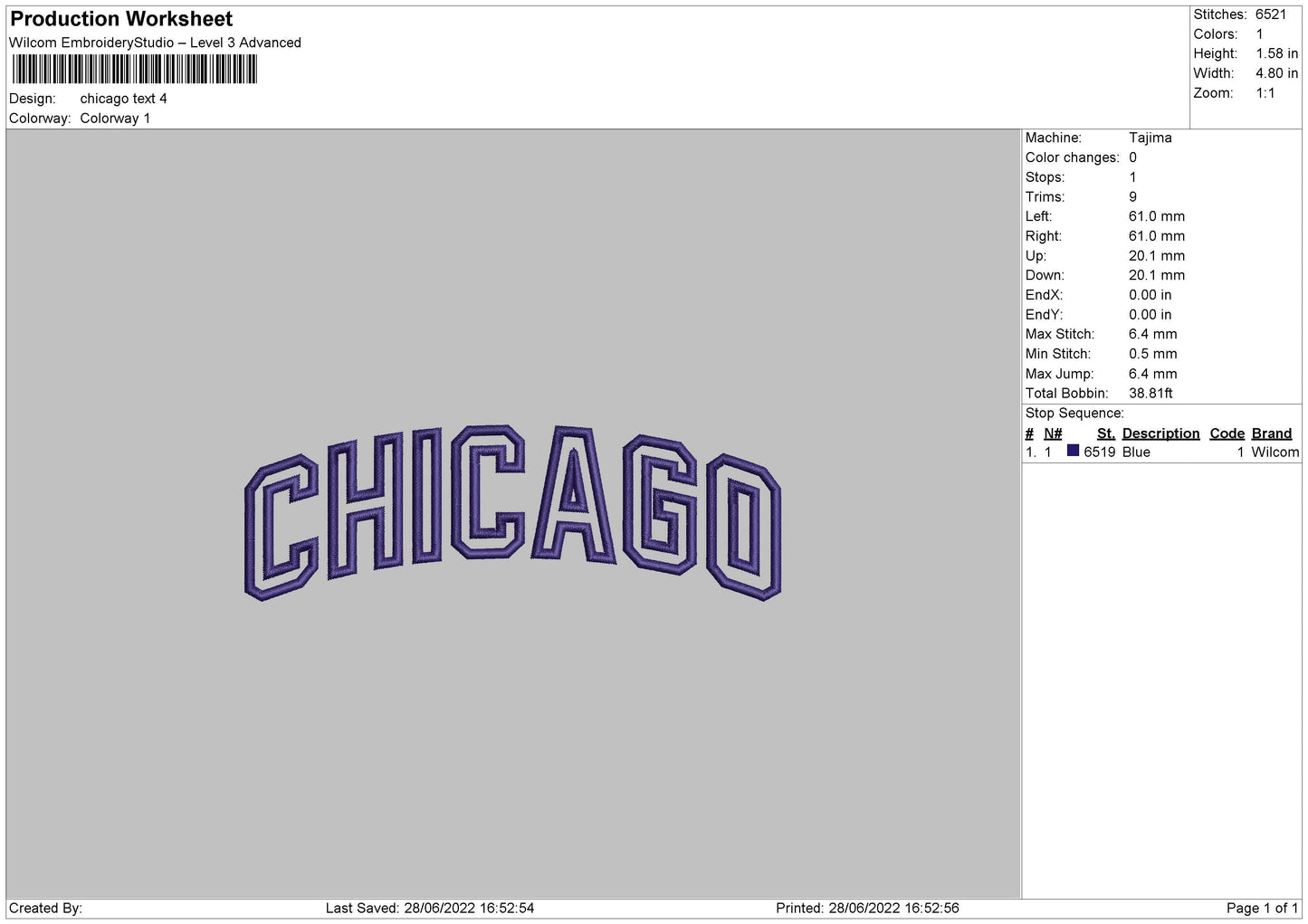 Chicago Text Embroidery File 4 sizes