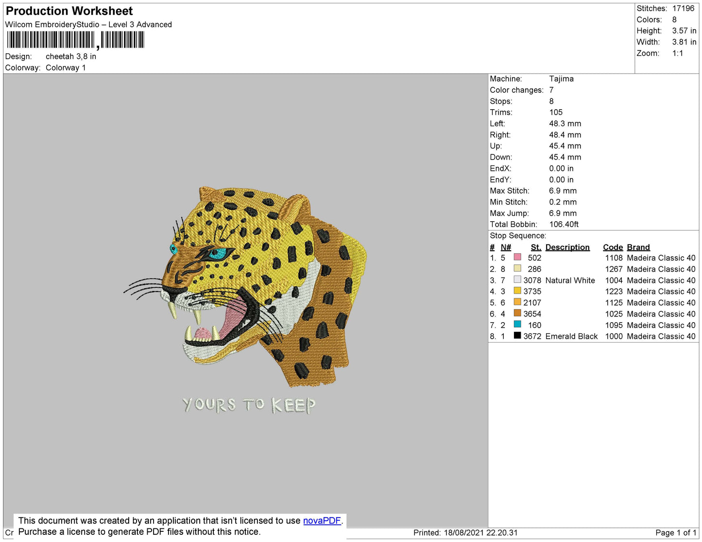 Cheetah Embroidery File 4 Size