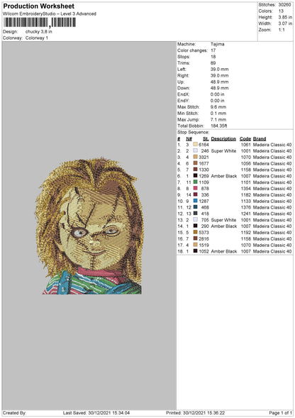 Chucky Embroidery Machine Design File 4 size