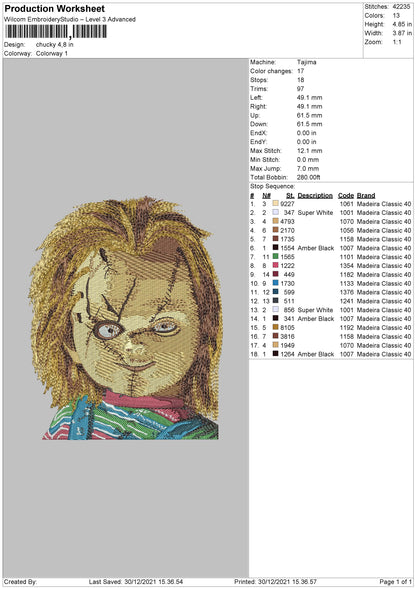 Chucky Embroidery Machine Design File 4 size