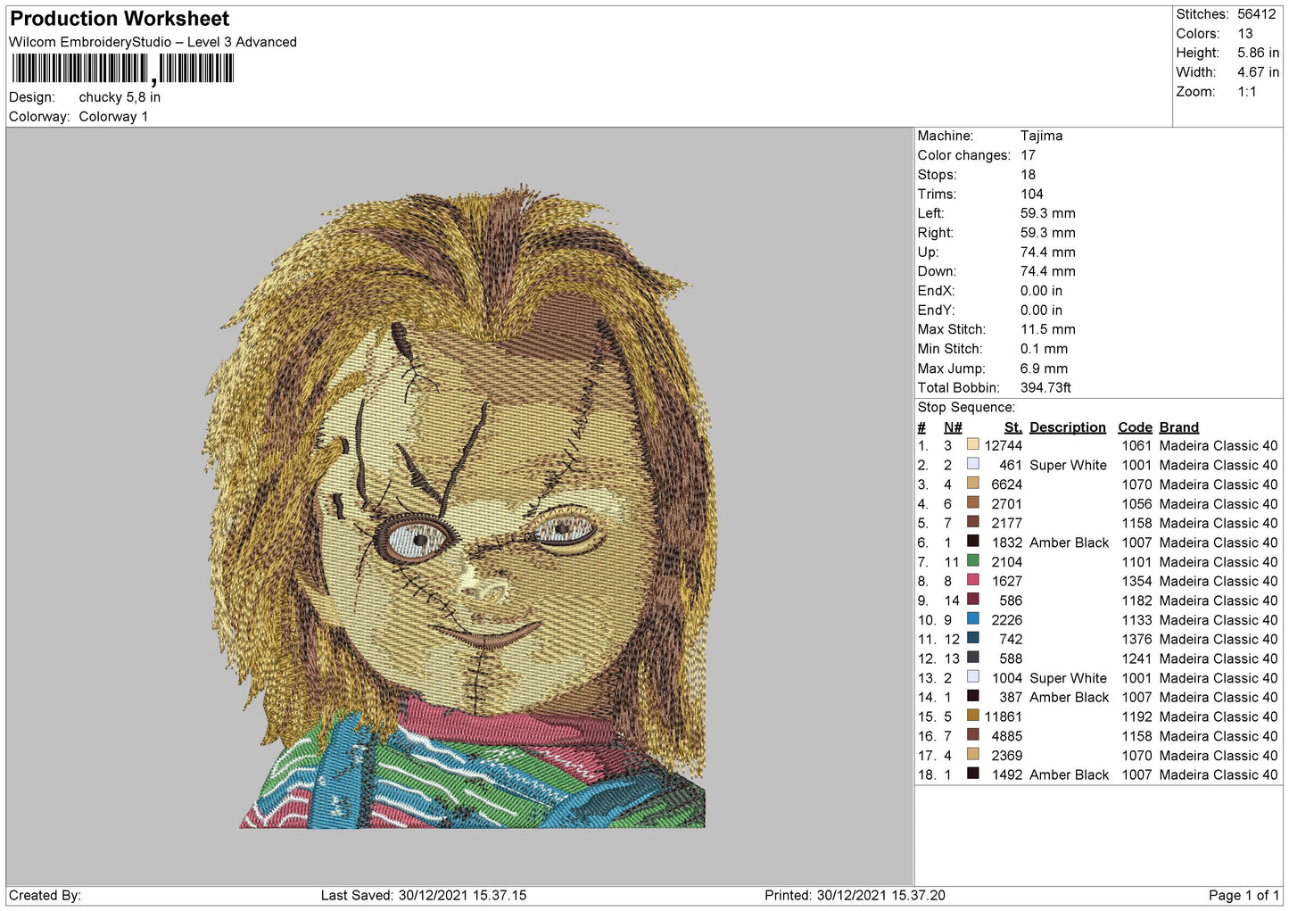 Chucky Embroidery Machine Design File 4 size
